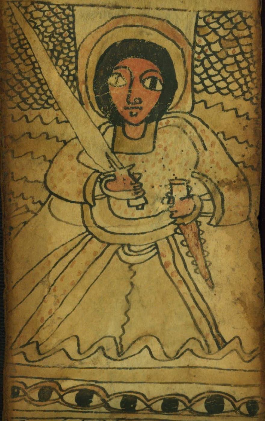 The archangel Phanuel holding a sword, painted in black and ochre on a nineteenth-century Ethiopian protective scroll.