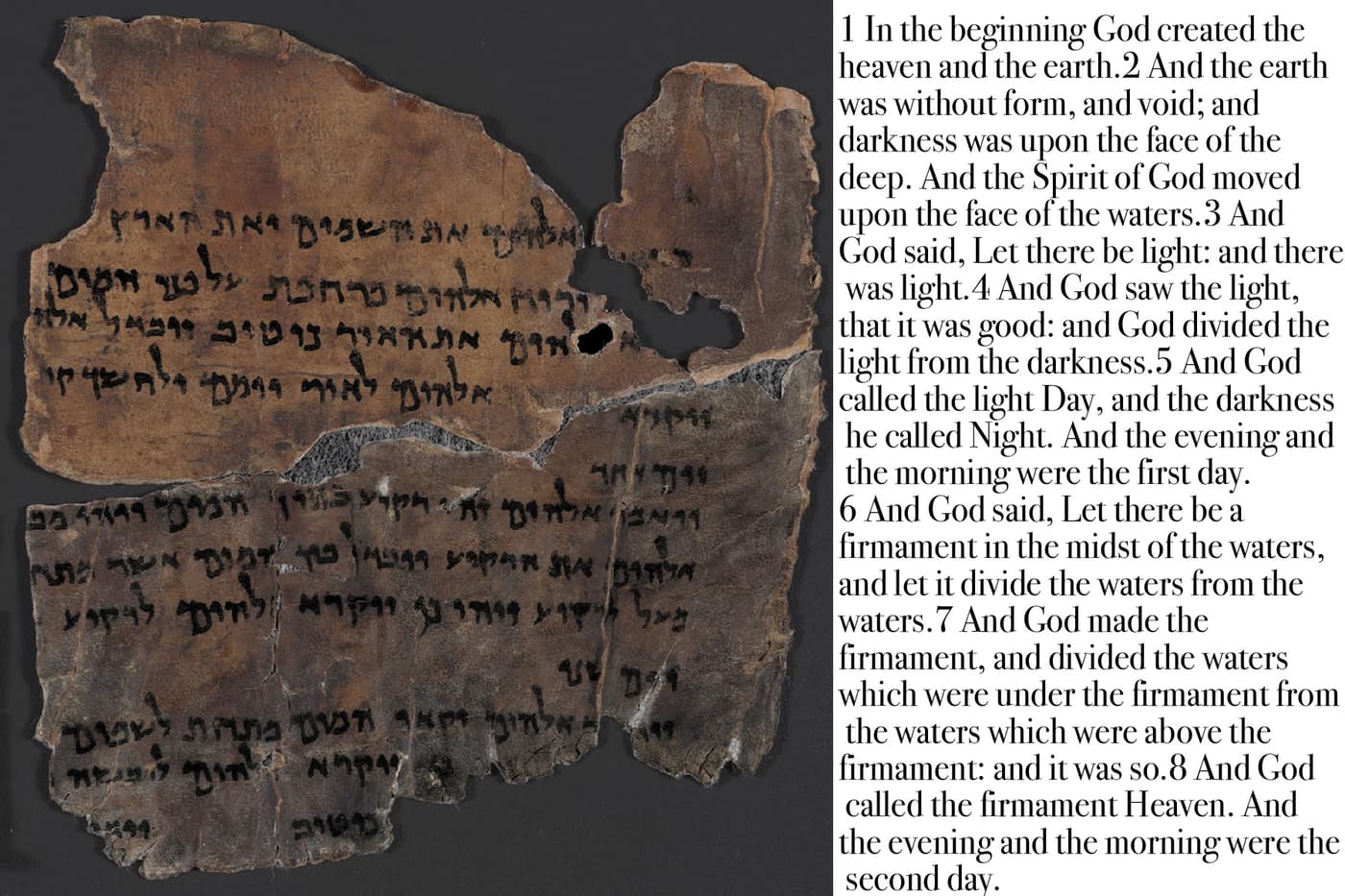 A torn parchment fragment of Genesis 1 from the Dead Sea Scrolls, its Hebrew lines broken by holes in the skin.